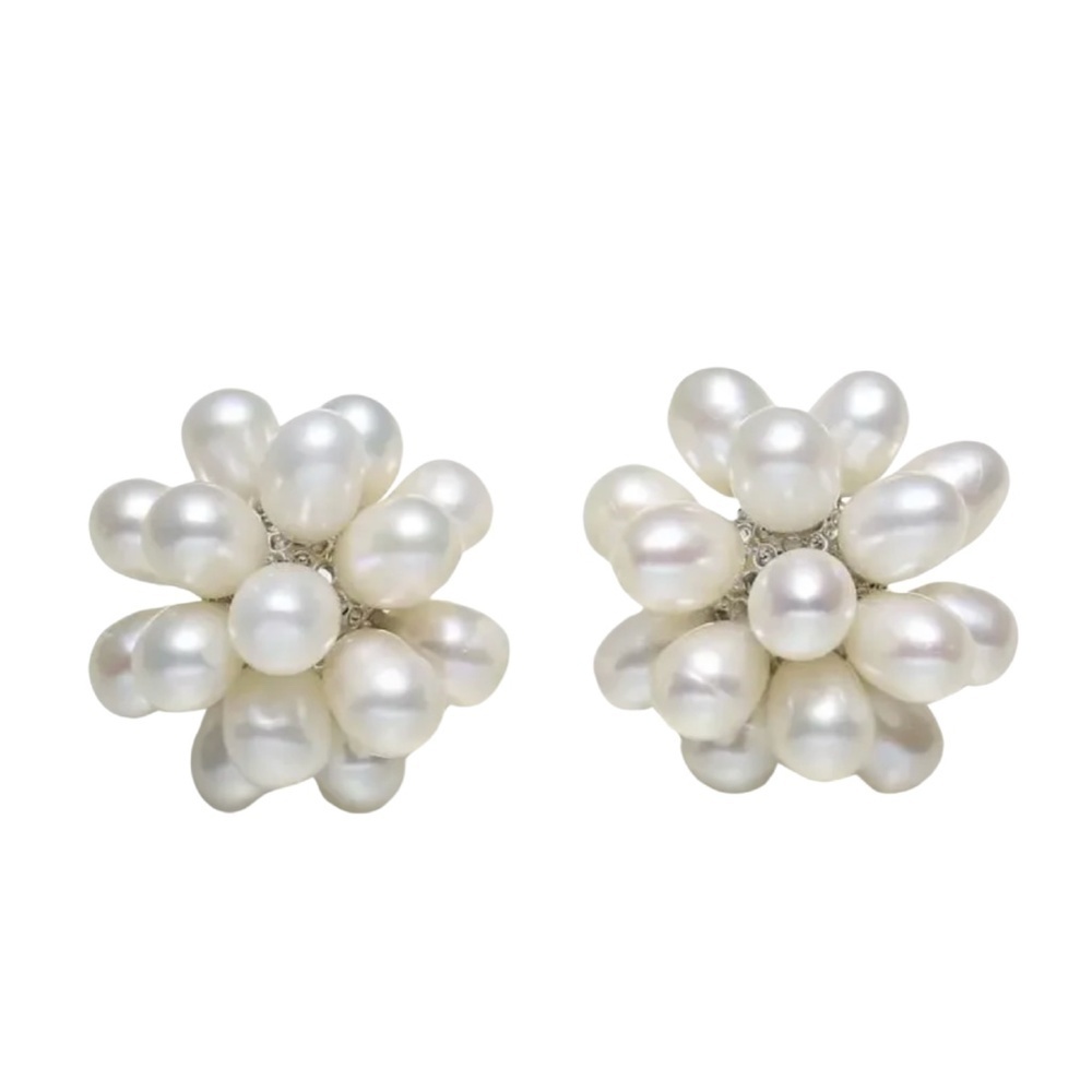 White Freshwater Pearl Cluster Earrings – Handmade Floral Studs, Elegant Stateme